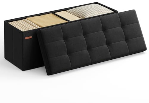 SONGMICS MAZIE Collection - 43 Inches Folding Storage Ottoman Bench, Ottoman Foot Rest, End of Bed Bench, Storage Chest, Load 660 lb, for Living Room, Bedroom, Entryway, Ink Black ULSF077B01