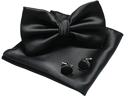 JEMYGINS Herren Fliege Schwarz 5 Satin Fliege und Einstecktuch mit Manschettenknöpfe Sets