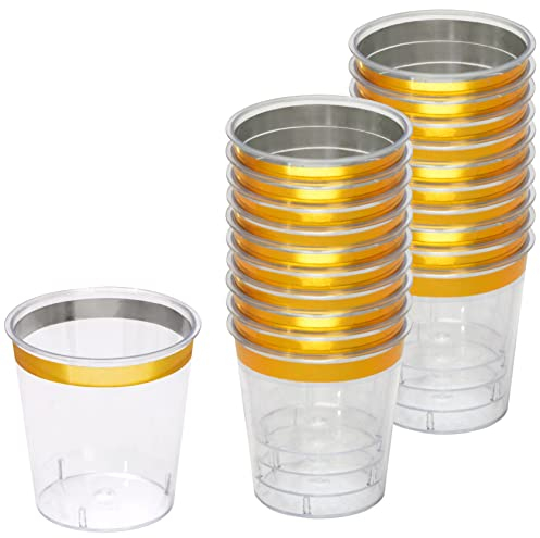 Zappy Gold 1 oz Shot Glasses - Clear Plastic with Metallic Gold Rim Hard Party Shooter Cups - Sample Wine Tasting Cups