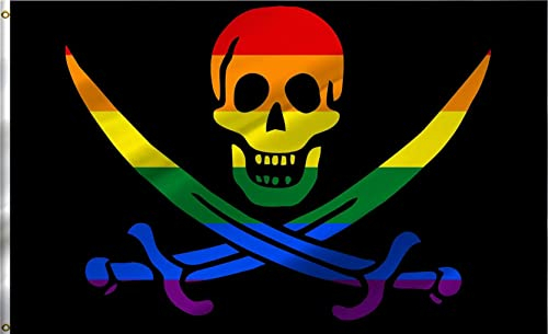 ANCONINE Doppelseitige Regenbogen-Piratenflagge, 90x150 cm, Jack Rackham Messer, Jolly Roger Skull und gekreuzte Knochen, 220D Polyester, doppelt genähte Flaggen mit 2 Messingösen.