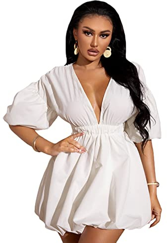 WDIRARA Women's Deep V Neck Puff Sleeve High Rise Flare Dress Elastic Waist Dress White Large