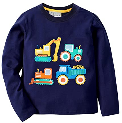 Little Hand Boys Long Sleeve T-Shirt Tops Toddler Kids 100% Cotton Digger Tractor Crewneck Tee Shirts Clothes Age 1-7 Years