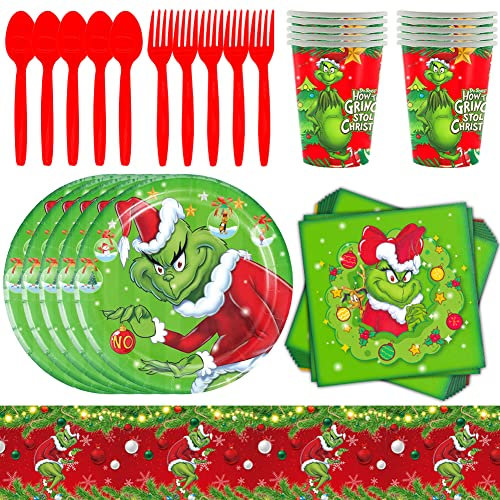 IFHDO Vajilla de Navidad Set, Juego de Vajilla para Fiesta Temática de Navidad Suministros de Fiesta Juego de Vajilla Navidad Fiesta con Plato de Papel Vaso de Papel Servilleta Mantel