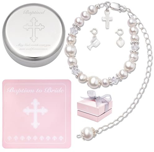Braccialetto per battesimo in argento sterling e perle coltivate per bambine, con scatola portagioie placcata in argento, ottimo regalo per battesimo cattolico e battesimo per ragazza, One Size,