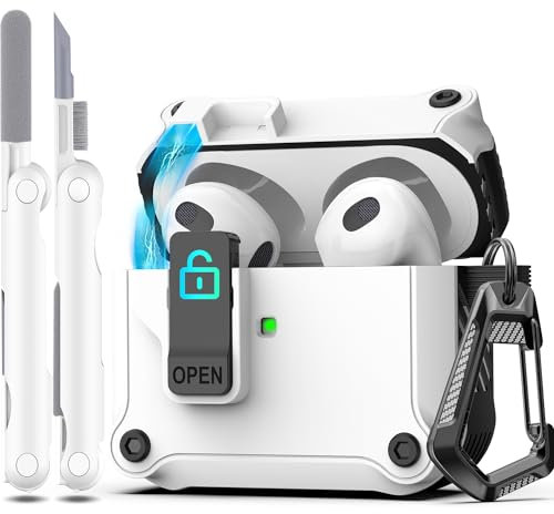 R-fun Compatible con AirPods 3ª Generación 2021 Funda de Carga, Protección Total contra caídas Auto Pop-Up Tapa Compatible con Apple Airpods 3 Gen Funda con Kit de Limpieza y Llavero,Blanco