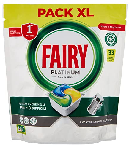 Fairy Platinum - Detergente en pastillas para lavavajillas abrillantador, 33 cápsulas para lavavajillas, limón, con sistema de prelavado integrado, eficaz en los desafíos difíciles contra la suciedad