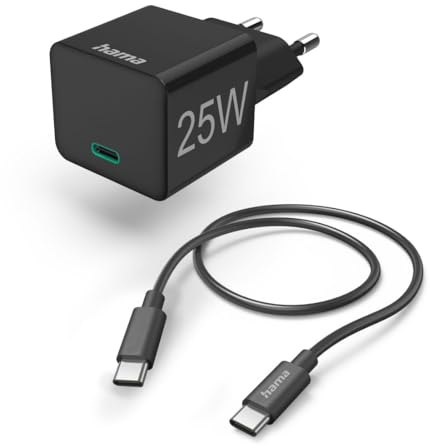Hama Schnellladegerät, mit USB C Ladekabel (Set, Ladeadapter 25 Watt, USB Schnellladegerät, mit PD 3.0, Quick Charge, Kabel USB C auf USB C, USB C Ladegerät, schnellladen, klein, 1,5m Kabel) schwarz