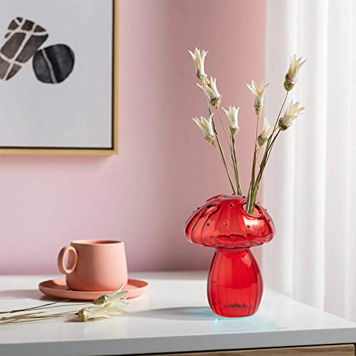 MISNODE Vase à bourgeons en verre, petits vases à fleurs, vases délicats en verre en forme de champignon, jolis vases en verre pour centres de table, vase à plantes pour décoration d'intérieur, rouge