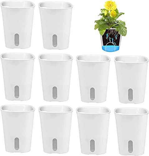 MENAYODA 10er-Set Kunststoff Blumentopf mit Bewässerungssystem, Selbstbewässerung Blumentöpfen mit Ablaufloch und Wasserstandsanzeiger für Innen- und Außenbereich