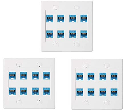 NIEI 3X Ethernet Wall Plate 8 Port - Double Cat6 RJ45 Network Cable Faceplate Female to Female - Blue