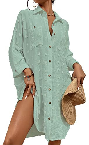 Bsubseach Swimsuit Coverup for Women Bathing Suit Blouse Button Down Shirt Dresses Swiss Dot Mint Green