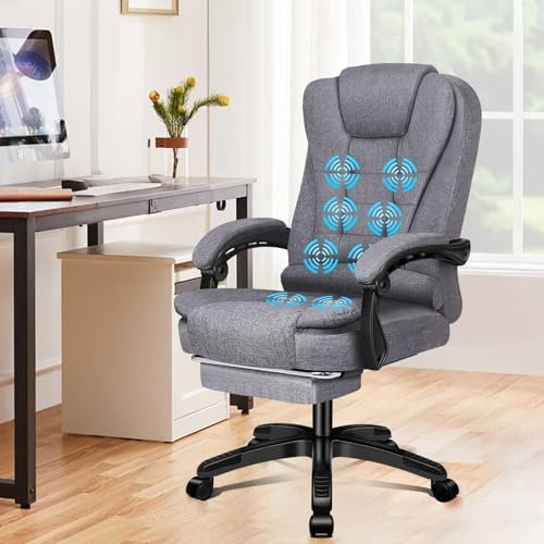 ELFORDSON Office Chair with 8-Point Massage and Seat Heating, Computer Desk Chair with Footrest, High Back 150° Recliner Tilting Function Fabric, Grey