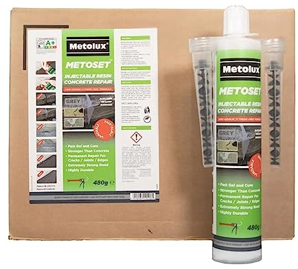 Dortech 12Pcs Metolux Metoset Concrete Repair Resin for Repairing Cracks and Sealing Joints, Strong Mortar Repair Ready to Use Cement Filler Suitable for Indoor & Outdoor Use - Grey (12 x 480g)