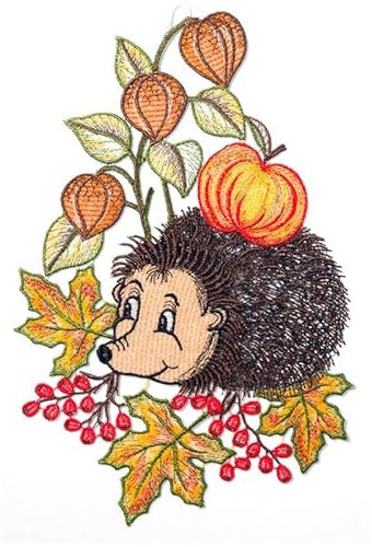 Plauener Spitze farbiges Fensterbild Deko Herbst Igel 32x21 cm
