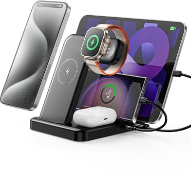 Intoval 5-in-1 Ladestation, kompatibel mit iPhones 17/17 Pro/17 Pro Max, iPad Pro/Air/Mini, Apple Watch 11/Ultra 3/Ultra 2/Ultra/10/9/8/7/6/SE, kabellose Ladestation für mehrere Geräte (G805, Schwarz)