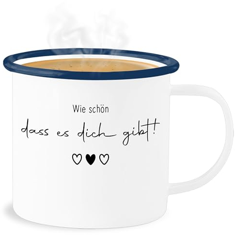 Emaille Becher Blechbecher - Tassen - Wie schön dass es Dich gibt - Schöne Geschenke Beste Freundin Besten Freund Partner Partnerin - 300 ml - Weiß Blau - tasse das seelenverwandt seelenverwandte