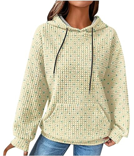 EMATOP Damen Baumwolle Hoodie Causal Langarm Kapuzenpullover Herbst Winter Warm Pullover Vintage Bunte Print Sweatshirt mit Kapuze Pulli Oberteile Mode Waffel Kapuzenpulli mit Taschen Outwear