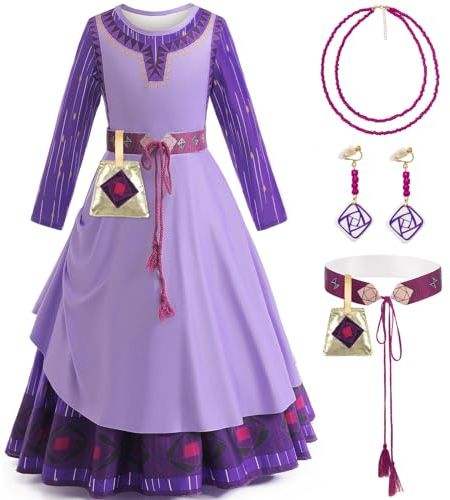 LZH Wish Asha Prinzessin Kleid Lila Kostüm für Mädchen Asha Cosplay Weihnachten Dress Up mit Ohrring Halskette