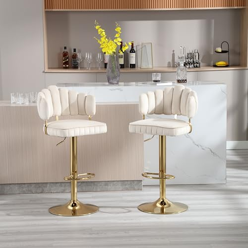 HAINEW Moderner Samt Barhocker 2er Set Mit Goldenen Metallbeinen Und Blumenform Rückenlehne, Höhenverstellbare Barstühle, 360°Drehbar, Küchenstühle, Tresenhocker, Bistrohocker (Elfenbein)
