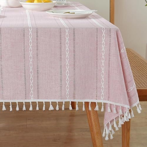 meioro Böhmische Tischdecke für Küche Dekoration, 140x260cm Makramee Tischtuch mit Quasten, Rechteckige Leinen Tischwäsche, Gestreifte Tafeldecke Mesh Tischdecken für Esstisch Tabletop Dekor (Rosa)