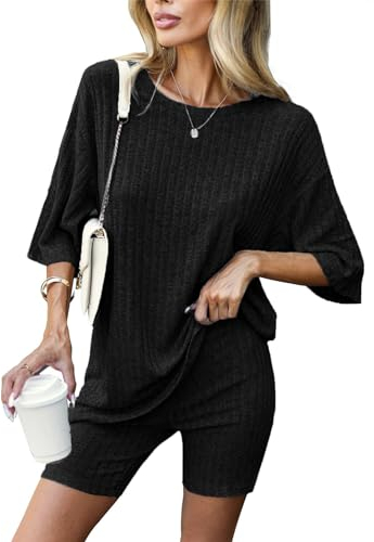 Zetieny Damen Tracksuit Kurzarm Rundhalsausschnitt Einfarbig Zweiteiler Hausanzug Loungewear Outfit Jogger Trainingsanzug Set