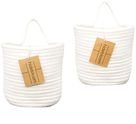 HIDEBLOOM | Hängekorb | 2er Set - 16x16 cm- Weiß | aus Baumwolle | Hängeaufbewahrung | Aufbewahrungskorb Bad Organizer | Hängeorganizer | Übertopf Korb geflochten | Wandkorb | Stoffkorb