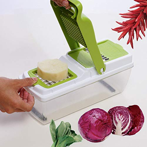 SMBAOFUL Safety Professional Mandolinenschneider, Lebensmittelschneider, 9-in-1-Gemüseschneider, Entsafter aus Edelstahl mit Lebensmittelbehälter, Schäler, Julienne-Scheibe für Kartoffeln, Tomaten,