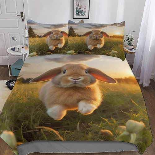 PAZZK Kaninchen Bettwäsche 2teilig Bettbezüge Bettgarnitur Gebürstet Microfaser Für Jungen Mädchen Komfort Bettbezug Mit Kopfkissenbezug Und Reißverschluss Single (135x200cm)