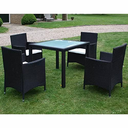 Faroom Polyrattan Sitzgruppe for 4 Personen - Gartenmöbel Set 4 Stühle mit Tisch mit Glasplatte - Garten Sitzgruppe - Polyrattan Gartenmöbel Set für Garten & Terrasse Schwarz