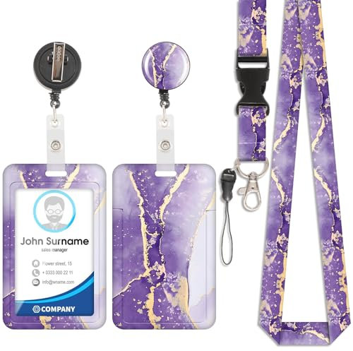 Porte-Cartes En Marbre, Badge D'Identification, Cordon Détachable avec Pince Rétractable pour Porte-Clé, Cartes Nominatives, Cartes de Porte, Cartes D'Identité (Violet)