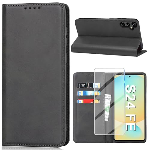 Vaki Handyhülle für Samsung Galaxy S24 FE Hülle mit Schutzfolie, Schutzhülle Galaxy S24 FE PU Leder Wallet Kartenfach Ständer Klapphülle Lederhüllen Case für Samsung S24 FE 5G Tache Cover (Schwarz)