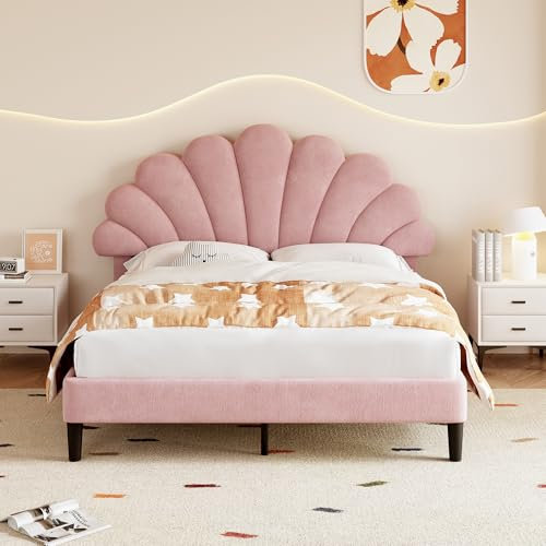 Upholstered Platform Bed, 4ft6 Double Bed Frame 135x190 cm with Height-adjustable Petal-like Headboard, Sturdy Wooden Slat Support, No Box Spring Needed, Velvet Bed for Adults & Teenagers, Pink
