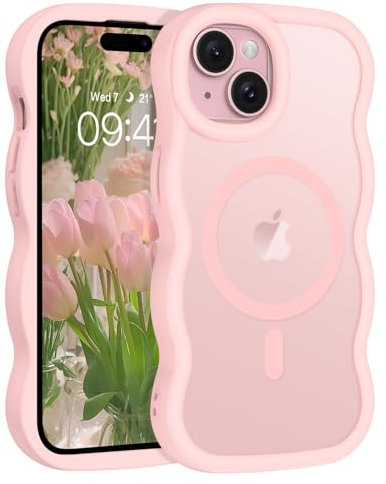 GaoBao Magnetic for iPhone 15 Case,[Compatible with MagSafe] Cute Curly Wave Frame Translucent Matte Case for Women Girls Hard PC Soft TPU Shockproof Protective Phone Cover for iPhone 15,6.1 inch,Pink