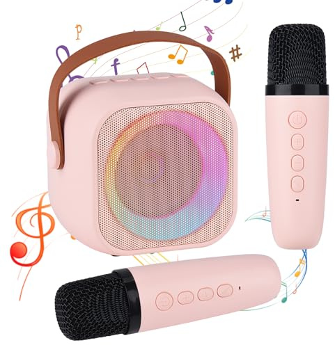 Mini altoparlante portatile per karaoke per bambini e adulti, con 2 microfoni wireless e luci, giocattolo per tutti gli smartphone, compleanno, famiglia, feste in casa, colore rosa