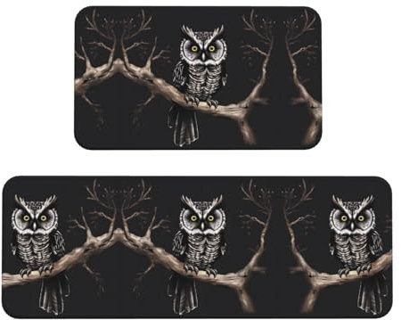 GaxfjRu Küchenmatten für den Boden, Küchenteppiche, Motiv: Eule, 2er-Set, Design-bedruckte Matten, saugfähig und rutschfest