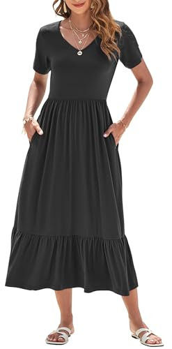 AUSELILY Summer Dresses Women UK Short Sleeve Empire Waist Maxi Dresses Women Long Sundresses Swing V-Neck Beach Coverup with Pockets Black L