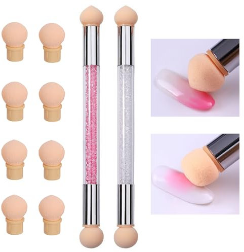 iCovalescent 2 Stück Nail Art Rendering-Werkzeuge Doppelter Kopf, Sponge Brush Applikator inkl 8 Ersatzköpfe, Nail art Schwamm und Tupfpinsel(Weiß, Rosa)