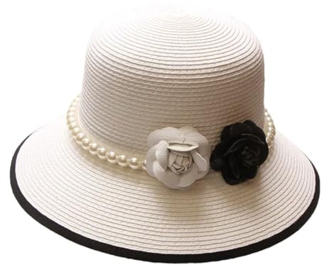 Bqxxdeo Chapeau de paille rétro élégant pour femme avec perles noires et fleurs, blanc, 6 7/8/7 1/8