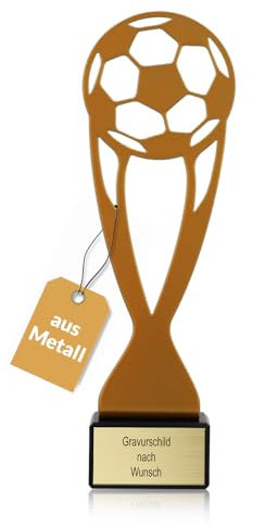pokal-fabrik.de - Goldener Fussball Pokal 21 cm aus Metall mit Gravur - Geschenk-Trophäe mit Fußball-Symbol-Silhouette & Steinsockel - Personalisiertes Geschenk - Wanderpokal Fussball Zubehör