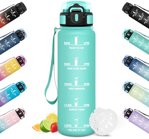 HoneyHolly Borraccia 1 Litro, A Prova di Perdite, Water Bottle, Riutilizzabile, Borraccia Motivazionale, Indicatore del Tempo, Bottiglia Acqua per Palestra, Ciclismo, Ufficio, Esterno