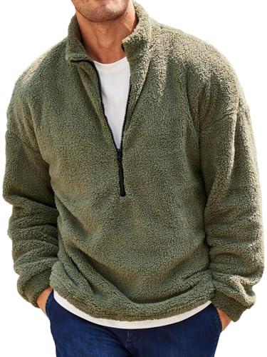 Runcati Felpa da uomo in peluche a 1/4 zip, in pile di peluche Fuzzy Sherpa, leggera, casual, basic, per autunno e inverno