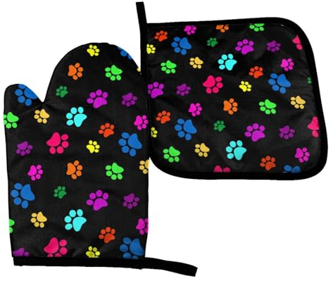 Perinsto Colorful Dog Animal Paws Oven Mitts & Pot Holders Kitchen Set Heat Resistant Decorative Cooking Gloves Microwave Oven Gloves for Baking Grilling BBQ