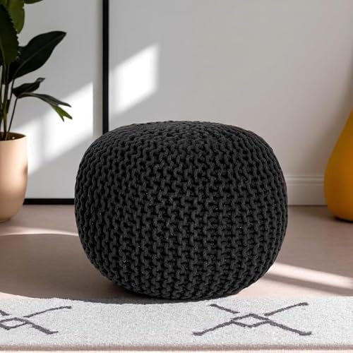 CASVO Handmade Large Knitted Pouffe Ottoman 100% Cotton Chunky Couffes for Living Room Versatile for Foot Rest Extra Seating & Home Decor 50cm Foot Stool (Black)