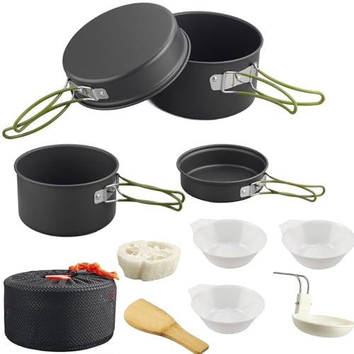 HOMGEN Juego de utensilios de cocina de camping portátiles | Portátil y ligero, juego de ollas y sartenes de camping, adecuado para una estufa de camping, con bolsa de almacenamiento