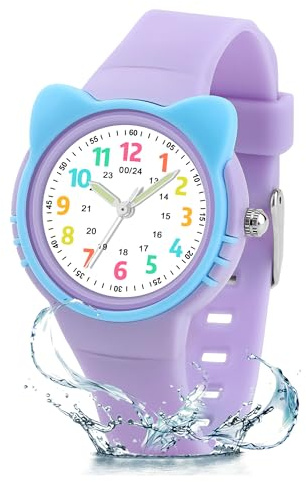 DTKID Kinderuhr für Mädchen, Analoge Uhr für 5-15 Jahre | Kinder Lernen Uhr Armband, Drehbare Zifferblatt, 3ATM Wasserdicht