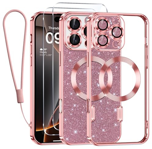 Tikfrlo Glitter Magnetica Cover per iPhone 16 Pro con Cordino, Compatibile con MagSafe, Brillantini Sottile Silicone TPU Antiurto Custodia per iPhone 16 Pro con 2 Vetro Temperato Bumper, Rosa