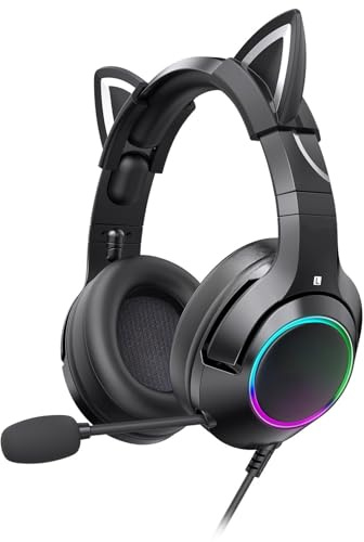 WOHPNLE Niedliche Katzenkopfhörer, kabelloses Katzenohr-Gaming-Headset mit Mikrofon, Stereo-Game-Sound, abnehmbare Katzenohren, ergonomische tragbare Ohrkopfhörer für Laptop-Mädchen (Schwarzer
