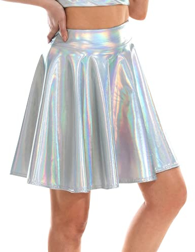 Minirock Damen Mädchen hohe Taille A Linie glänzend Solid Vielseitige Metallischer Faltenrock Kurze Mini Skater Rock Dehnbaren Glocken Rock Silber Party 80er Festival Hohe Taille Plisseerock Karneval
