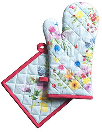 Maison d' Hermine Jardin D'Ete – Mint Set aus Ofenhandschuhen (19 cm x 33 cm) und Topflappen (20 cm x 20 cm), 100% Baumwolle, zum Grillen, Kochen, Backen, Mikrowelle, Grillen, Frühling/Sommer, Ostern