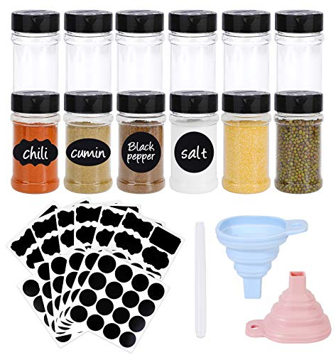 6Pcs Spice Jars with Shaker Lids, 6oz Round Plastic Spice Bottles with Funnel and Labels, Empty Seasonings Bottles for Spice Herbs Small Items Storage and Organization for Herbs, Sugar, Salt, Spices
